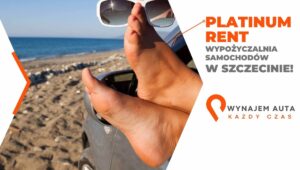 Plaża i samochód na wynajem średnioterminowy w tle.