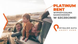 Rodzina w samochodzie na tle krajobrazu z reklamą wypożyczalni aut, zwrot wynajętego auta opłaty.
