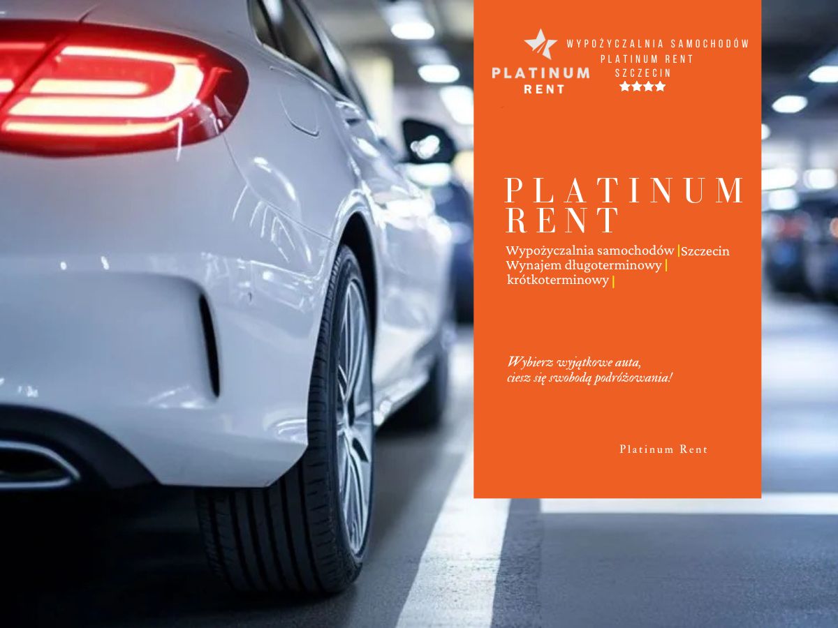 Biały samochód na parkingu z reklamą wynajem aut od Platinum Rent.