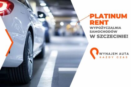 Nowoczesny samochód w garażu z reklamą wynajem aut w Szczecinie.
