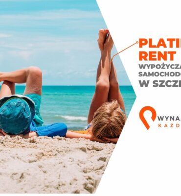 Na obrazku reklama, wypożyczalnia samochodów Szczecin dworzec, ludzie odpoczywają na plaży.