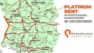 Mapa Polski z reklamą wypożyczalni samochodów oferującej Peugeot 308 Kombi w Szczecinie.