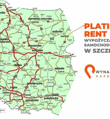 Mapa Polski z reklamą wypożyczalni samochodów oferującej Peugeot 308 Kombi w Szczecinie.