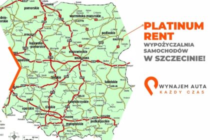 Mapa Polski z reklamą wypożyczalni samochodów oferującej Peugeot 308 Kombi w Szczecinie.