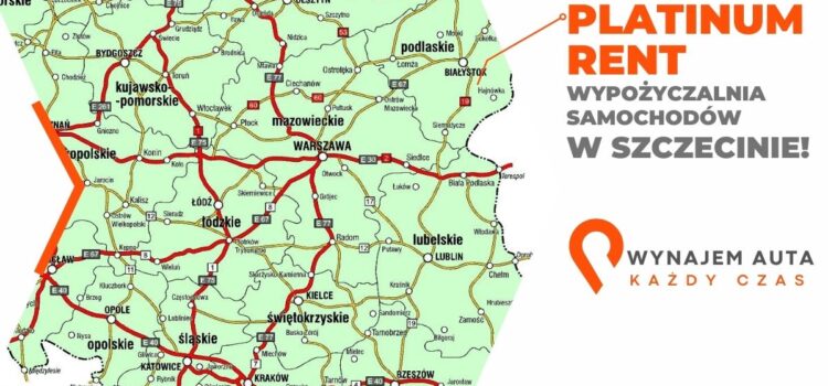 Mapa Polski z reklamą wypożyczalni samochodów oferującej Peugeot 308 Kombi w Szczecinie.